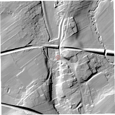 Shaded relief map of the ground around CA48BU, computed from Environment Agency LiDAR. The ground here sits at about 32 m above sea level and falls 27 m across the surrounding 800 m. Surface water reaching this point runs off ground lying to the south-south-east, 11.6 m higher.