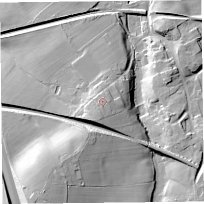 Shaded relief map of the ground around CA48BX, computed from Environment Agency LiDAR. The ground here sits at about 46 m above sea level and falls 31 m across the surrounding 800 m. Surface water reaching this point runs off ground lying to the south-south-west, 1.6 m higher.