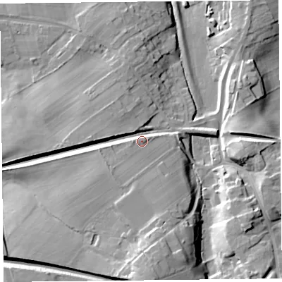 Shaded relief map of the ground around CA48BZ, computed from Environment Agency LiDAR. The ground here sits at about 37 m above sea level and falls 23 m across the surrounding 800 m. Surface water reaching this point runs off ground lying to the south-south-west, 6.4 m higher.