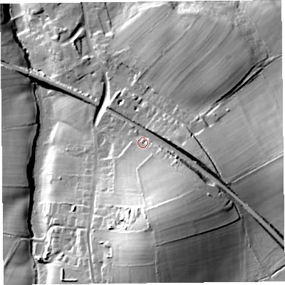 Shaded relief map of the ground around CA48DD, computed from Environment Agency LiDAR. The ground here sits at about 45 m above sea level and falls 32 m across the surrounding 800 m. Surface water reaching this point runs off ground lying to the south-south-east, 14.9 m higher.