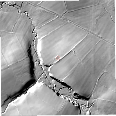 Shaded relief map of the ground around CA48ED, computed from Environment Agency LiDAR. The ground here sits at about 46 m above sea level and falls 24 m across the surrounding 800 m. Surface water reaching this point runs off ground lying to the south-east, 3.7 m higher.