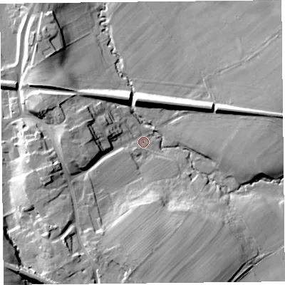 Shaded relief map of the ground around CA48EF, computed from Environment Agency LiDAR. The ground here sits at about 28 m above sea level and falls 20 m across the surrounding 800 m. Surface water reaching this point runs off ground lying to the south, 17.4 m higher.