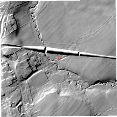 Shaded relief map of the ground around CA48EG, computed from Environment Agency LiDAR. The ground here sits at about 28 m above sea level and falls 21 m across the surrounding 800 m. Surface water reaching this point runs off ground lying to the south, 17.3 m higher.