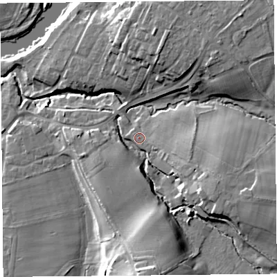 Shaded relief map of the ground around CA48FN, computed from Environment Agency LiDAR. The ground here sits at about 27 m above sea level and falls 24 m across the surrounding 800 m. Surface water reaching this point runs off ground lying to the south, 15.7 m higher.