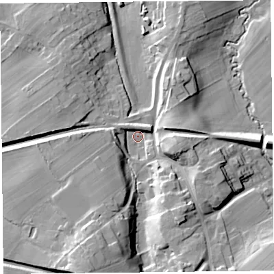 Shaded relief map of the ground around CA48FR, computed from Environment Agency LiDAR. The ground here sits at about 30 m above sea level and falls 25 m across the surrounding 800 m. Surface water reaching this point runs off ground lying to the south-south-west, 18.1 m higher.