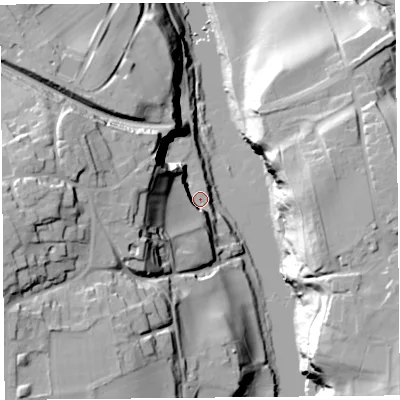 Shaded relief map of the ground around CA48HA, computed from Environment Agency LiDAR. The ground here sits at about 29 m above sea level and falls 49 m across the surrounding 800 m. Surface water reaching this point runs off ground lying to the west, 30.1 m higher.