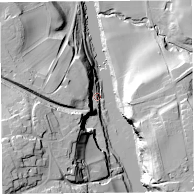 Shaded relief map of the ground around CA48HB, computed from Environment Agency LiDAR. The ground here sits at about 26 m above sea level and falls 49 m across the surrounding 800 m. Surface water reaching this point runs off ground lying to the west-south-west, 43.9 m higher.