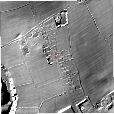 Shaded relief map of the ground around CA48HR, computed from Environment Agency LiDAR. The ground here sits at about 72 m above sea level and falls 36 m across the surrounding 800 m. Surface water reaching this point runs off ground lying to the south-south-east, 10.7 m higher.
