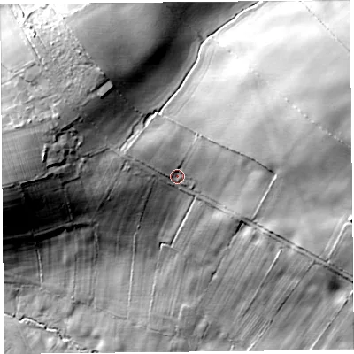 Shaded relief map of the ground around CA48JB, computed from Environment Agency LiDAR. The ground here sits at about 78 m above sea level and falls 37 m across the surrounding 800 m. Surface water reaching this point runs off ground lying to the north-east, 5.9 m higher.