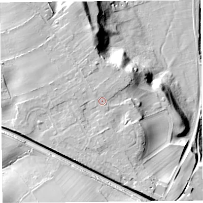 Shaded relief map of the ground around CA48LA, computed from Environment Agency LiDAR. The ground here sits at about 55 m above sea level and falls 36 m across the surrounding 800 m. Surface water reaching this point runs off ground lying to the north-west, 1.3 m higher.