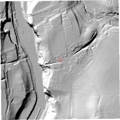 Shaded relief map of the ground around CA48LR, computed from Environment Agency LiDAR. The ground here sits at about 56 m above sea level and falls 73 m across the surrounding 800 m. Surface water reaching this point runs off ground lying to the south-east, 3.4 m higher.