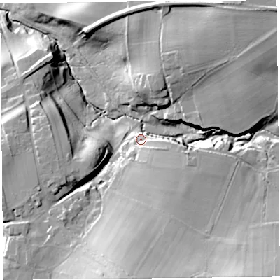 Shaded relief map of the ground around CA48NE, computed from Environment Agency LiDAR. The ground here sits at about 45 m above sea level and falls 49 m across the surrounding 800 m. Surface water reaching this point runs off ground lying to the south, 37.4 m higher.