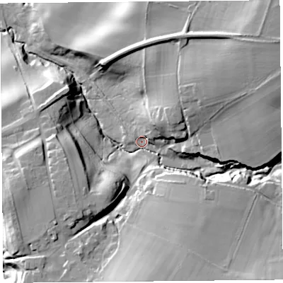 Shaded relief map of the ground around CA48NF, computed from Environment Agency LiDAR. The ground here sits at about 37 m above sea level and falls 41 m across the surrounding 800 m. Surface water reaching this point runs off ground lying to the south, 30.5 m higher.