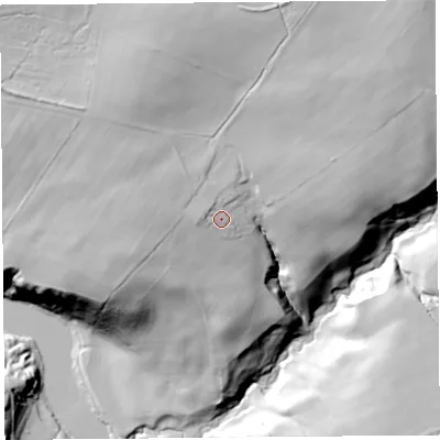 Shaded relief map of the ground around CA48NJ, computed from Environment Agency LiDAR. The ground here sits at about 79 m above sea level and falls 65 m across the surrounding 800 m. Surface water reaching this point runs off ground lying to the north-west, 5.3 m higher.