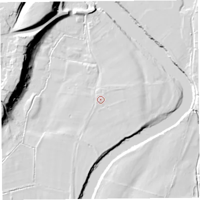 Shaded relief map of the ground around CA48NR, computed from Environment Agency LiDAR. The ground here sits at about 24 m above sea level and falls 27 m across the surrounding 800 m. Surface water reaching this point runs off ground lying to the east-south-east, 0.9 m higher.