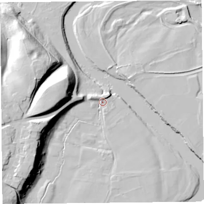 Shaded relief map of the ground around CA48NS, computed from Environment Agency LiDAR. The ground here sits at about 23 m above sea level and falls 28 m across the surrounding 800 m. Surface water reaching this point runs off ground lying to the west, 24.9 m higher.