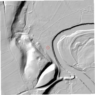 Shaded relief map of the ground around CA48PG, computed from Environment Agency LiDAR. The ground here sits at about 24 m above sea level and falls 28 m across the surrounding 800 m. Surface water reaching this point runs off ground lying to the south-south-west, 21.9 m higher.