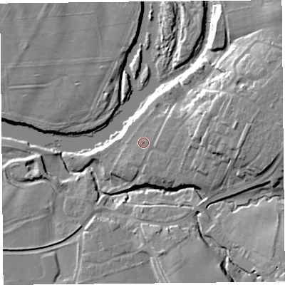 Shaded relief map of the ground around CA48QN, computed from Environment Agency LiDAR. The ground here sits at about 27 m above sea level and falls 20 m across the surrounding 800 m. Surface water reaching this point runs off ground lying to the south-east, 1.2 m higher.