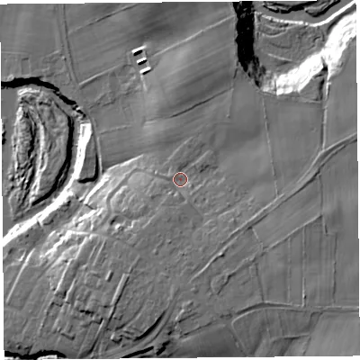 Shaded relief map of the ground around CA48QY, computed from Environment Agency LiDAR. The ground here sits at about 30 m above sea level and falls 20 m across the surrounding 800 m. Surface water reaching this point runs off ground lying to the south-south-east, 6.8 m higher.