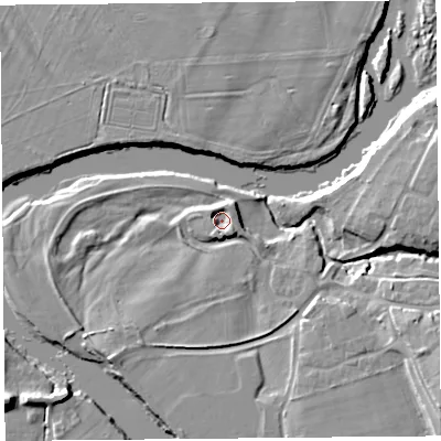 Shaded relief map of the ground around CA48RD, computed from Environment Agency LiDAR. The ground here sits at about 21 m above sea level and falls 14 m across the surrounding 800 m. Surface water reaching this point runs off ground lying to the south-south-east, 2.9 m higher.