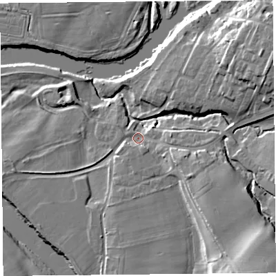 Shaded relief map of the ground around CA48RE, computed from Environment Agency LiDAR. The ground here sits at about 23 m above sea level and falls 20 m across the surrounding 800 m. Surface water reaching this point runs off ground lying to the south-east, 14.8 m higher.