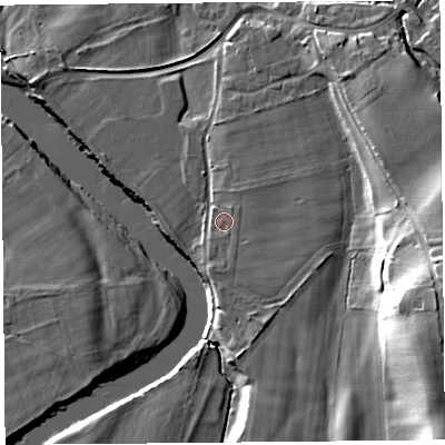 Shaded relief map of the ground around CA48RG, computed from Environment Agency LiDAR. The ground here sits at about 25 m above sea level and falls 27 m across the surrounding 800 m. Surface water reaching this point runs off ground lying to the east-north-east, 1.8 m higher.
