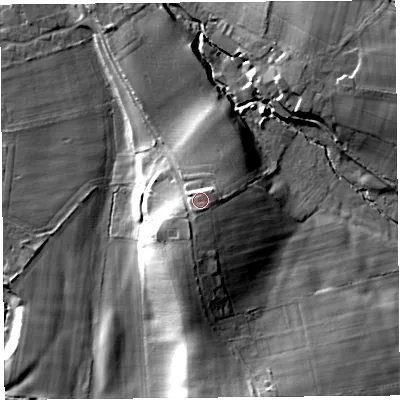 Shaded relief map of the ground around CA48RJ, computed from Environment Agency LiDAR. The ground here sits at about 41 m above sea level and falls 25 m across the surrounding 800 m. Surface water reaching this point runs off ground lying to the south-south-west, 2.6 m higher.
