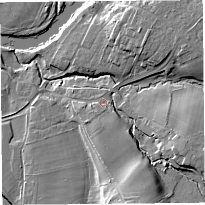 Shaded relief map of the ground around CA48RL, computed from Environment Agency LiDAR. The ground here sits at about 27 m above sea level and falls 22 m across the surrounding 800 m. Surface water reaching this point runs off ground lying to the south, 5.1 m higher.
