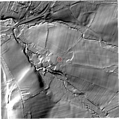 Shaded relief map of the ground around CA48RN, computed from Environment Agency LiDAR. The ground here sits at about 36 m above sea level and falls 23 m across the surrounding 800 m. Surface water reaching this point runs off ground lying to the east-south-east, 1.6 m higher.