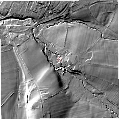Shaded relief map of the ground around CA48RR, computed from Environment Agency LiDAR. The ground here sits at about 30 m above sea level and falls 25 m across the surrounding 800 m. Surface water reaching this point runs off ground lying to the east, 4.9 m higher.