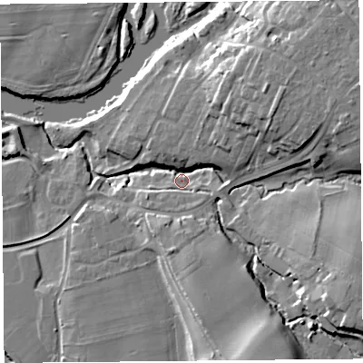Shaded relief map of the ground around CA48RT, computed from Environment Agency LiDAR. The ground here sits at about 24 m above sea level and falls 19 m across the surrounding 800 m. Surface water reaching this point runs off ground lying to the south-south-east, 14.7 m higher.