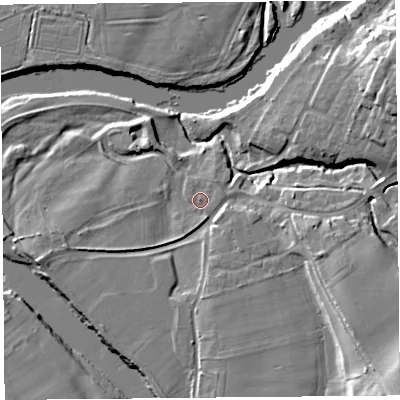 Shaded relief map of the ground around CA48RZ, computed from Environment Agency LiDAR. The ground here sits at about 23 m above sea level and falls 19 m across the surrounding 800 m. Surface water reaching this point runs off ground lying to the east, 0.8 m higher.
