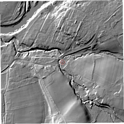 Shaded relief map of the ground around CA48SA, computed from Environment Agency LiDAR. The ground here sits at about 26 m above sea level and falls 21 m across the surrounding 800 m. Surface water reaching this point runs off ground lying to the south, 14.5 m higher.