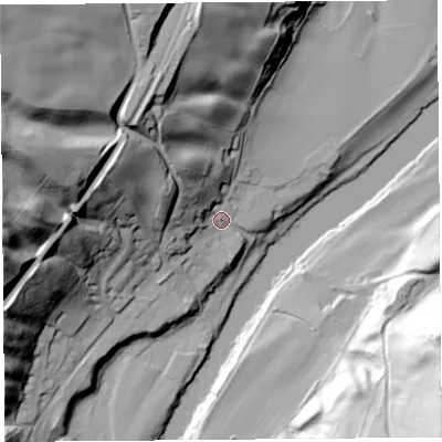Shaded relief map of the ground around CA49PB, computed from Environment Agency LiDAR. The ground here sits at about 54 m above sea level and falls 80 m across the surrounding 800 m. Surface water reaching this point runs off ground lying to the north-west, 18.7 m higher.