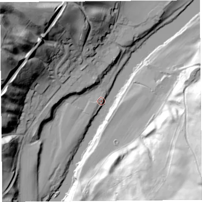 Shaded relief map of the ground around CA49PD, computed from Environment Agency LiDAR. The ground here sits at about 47 m above sea level and falls 77 m across the surrounding 800 m. Surface water reaching this point runs off ground lying to the south-east, 75.0 m higher.