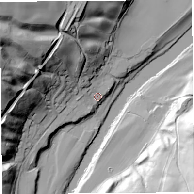 Shaded relief map of the ground around CA49PH, computed from Environment Agency LiDAR. The ground here sits at about 53 m above sea level and falls 80 m across the surrounding 800 m. Surface water reaching this point runs off ground lying to the north-west, 71.2 m higher.