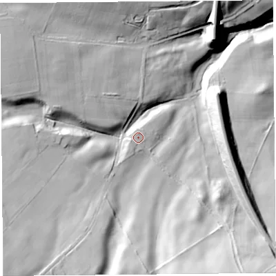 Shaded relief map of the ground around CA49PQ, computed from Environment Agency LiDAR. The ground here sits at about 77 m above sea level and falls 58 m across the surrounding 800 m. Surface water reaching this point runs off ground lying to the south-west, 2.8 m higher.