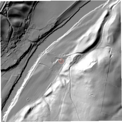 Shaded relief map of the ground around CA49PY, computed from Environment Agency LiDAR. The ground here sits at about 52 m above sea level and falls 84 m across the surrounding 800 m. Surface water reaching this point runs off ground lying to the south-south-east, 24.2 m higher.