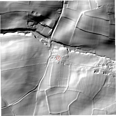 Shaded relief map of the ground around CA49PZ, computed from Environment Agency LiDAR. The ground here sits at about 114 m above sea level and falls 60 m across the surrounding 800 m. Surface water reaching this point runs off ground lying to the south, 12.9 m higher.