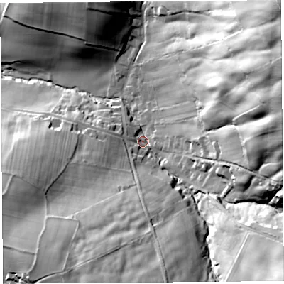 Shaded relief map of the ground around CA49QD, computed from Environment Agency LiDAR. The ground here sits at about 121 m above sea level and falls 91 m across the surrounding 800 m. Surface water reaching this point runs off ground lying to the east, 59.5 m higher.