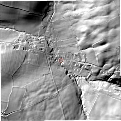 Shaded relief map of the ground around CA49QE, computed from Environment Agency LiDAR. The ground here sits at about 122 m above sea level and falls 93 m across the surrounding 800 m. Surface water reaching this point runs off ground lying to the east-north-east, 65.6 m higher.