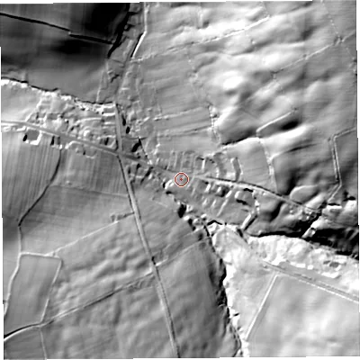 Shaded relief map of the ground around CA49QQ, computed from Environment Agency LiDAR. The ground here sits at about 125 m above sea level and falls 96 m across the surrounding 800 m. Surface water reaching this point runs off ground lying to the east-north-east, 67.4 m higher.