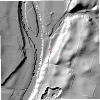 Shaded relief map of the ground around CA49QY, computed from Environment Agency LiDAR. The ground here sits at about 45 m above sea level and falls 61 m across the surrounding 800 m. Surface water reaching this point runs off ground lying to the south-east, 55.4 m higher.
