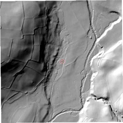 Shaded relief map of the ground around CA49RH, computed from Environment Agency LiDAR. The ground here sits at about 112 m above sea level and falls 85 m across the surrounding 800 m. Surface water reaching this point runs off ground lying to the west-north-west, 79.2 m higher.