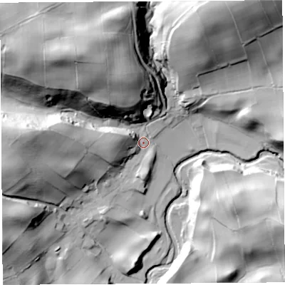 Shaded relief map of the ground around CA49RU, computed from Environment Agency LiDAR. The ground here sits at about 203 m above sea level and falls 79 m across the surrounding 800 m. Surface water reaching this point runs off ground lying to the north-west, 50.0 m higher.