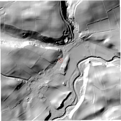 Shaded relief map of the ground around CA49RX, computed from Environment Agency LiDAR. The ground here sits at about 201 m above sea level and falls 74 m across the surrounding 800 m. Surface water reaching this point runs off ground lying to the north-north-west, 51.5 m higher.