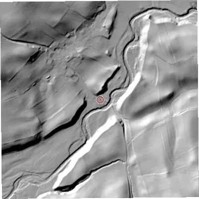 Shaded relief map of the ground around CA49RY, computed from Environment Agency LiDAR. The ground here sits at about 189 m above sea level and falls 63 m across the surrounding 800 m. Surface water reaching this point runs off ground lying to the north-north-east, 11.9 m higher.