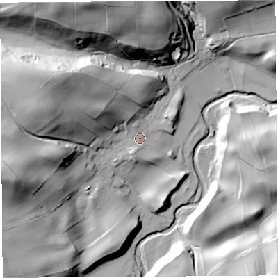 Shaded relief map of the ground around CA49RZ, computed from Environment Agency LiDAR. The ground here sits at about 198 m above sea level and falls 69 m across the surrounding 800 m. Surface water reaching this point runs off ground lying to the north-west, 30.9 m higher.