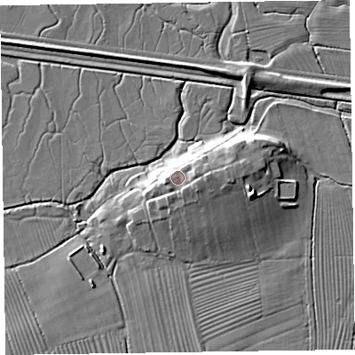 Shaded relief map of the ground around CA56AA, computed from Environment Agency LiDAR. The ground here sits at about 13 m above sea level and falls 12 m across the surrounding 800 m. Surface water reaching this point runs off ground lying to the east, 4.3 m higher.