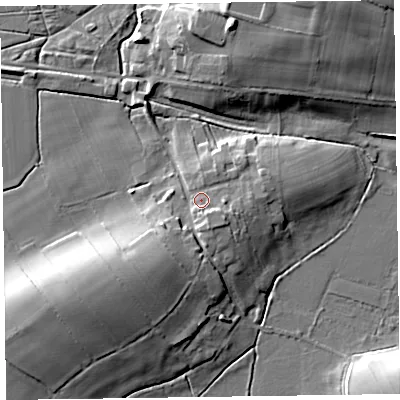 Shaded relief map of the ground around CA56AF, computed from Environment Agency LiDAR. The ground here sits at about 11 m above sea level and falls 16 m across the surrounding 800 m. Surface water reaching this point runs off ground lying to the south-south-east, 3.9 m higher.